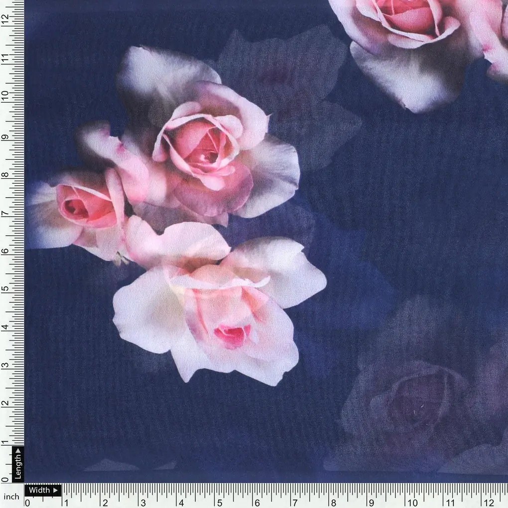 Valvet Blue Background With Creamy Roses Digital Printed Fabric - Weightless - Image 4
