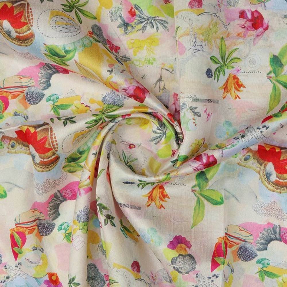 Vibrant Abstract Floral Collage Print Tusser Silk Fabric - Image 2