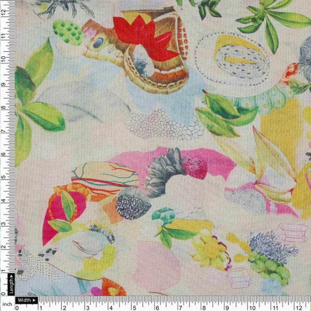 Vibrant Abstract Floral Collage Print Tusser Silk Fabric - Image 4