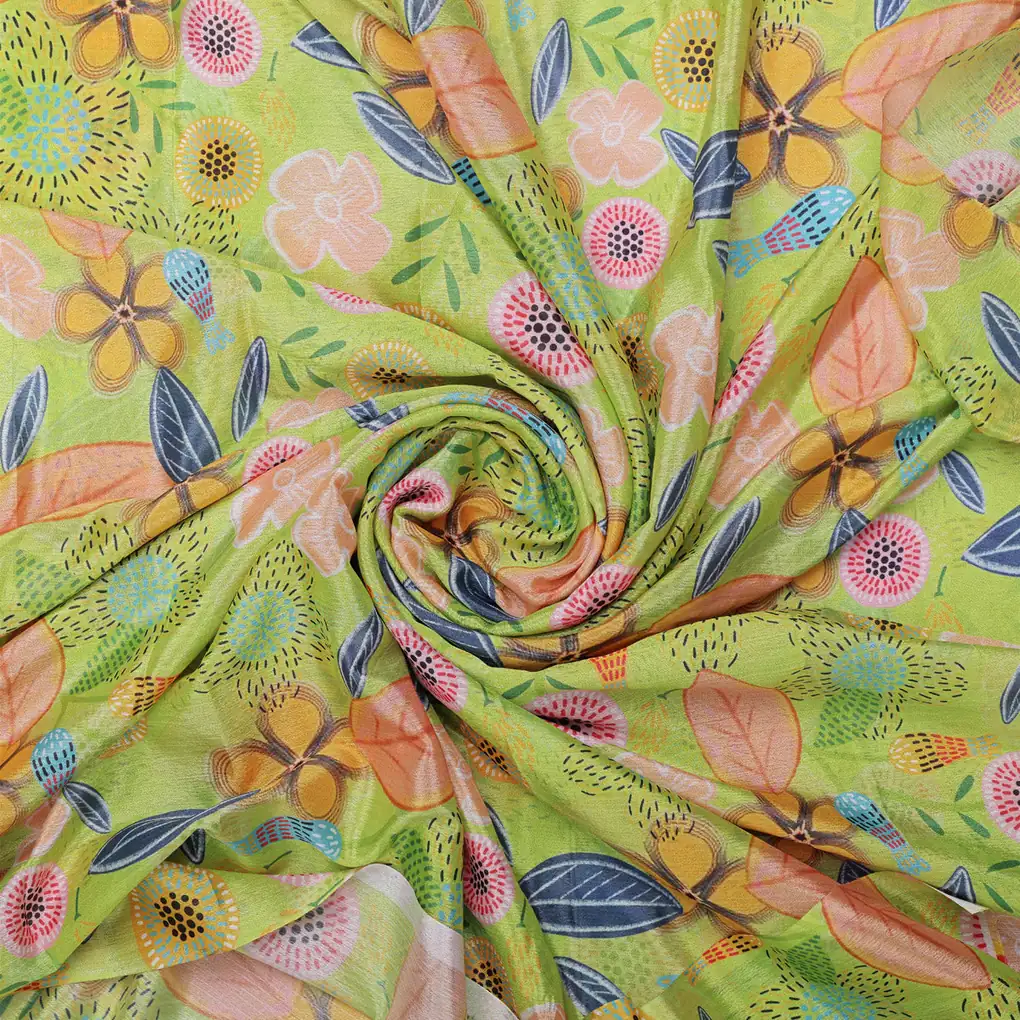 Vibrant Abstract Floral Meadow Chinon Fabric - Lime Green - Image 3