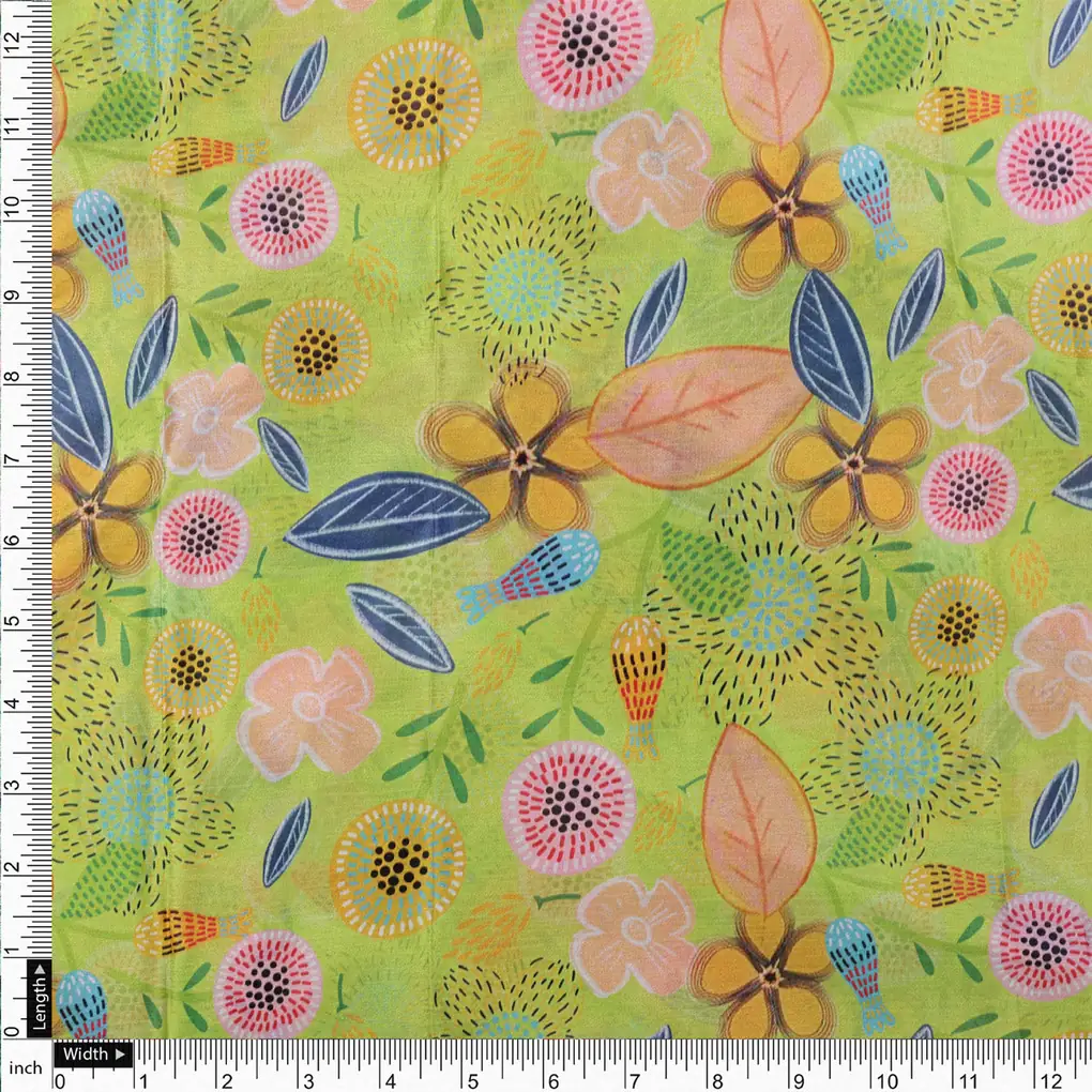 Vibrant Abstract Floral Meadow Chinon Fabric - Lime Green - Image 4