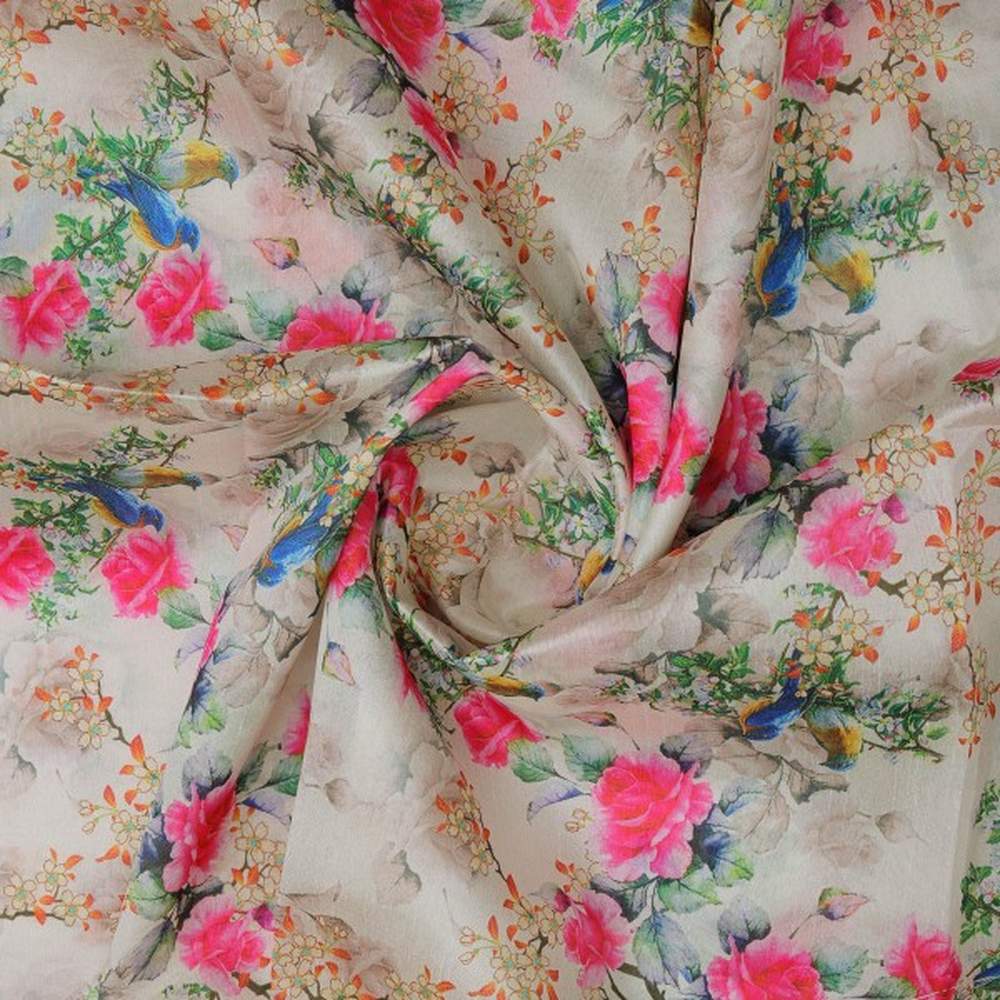 Vibrant Bird & Pink Rose Garden Tusser Silk Fabric - Image 2