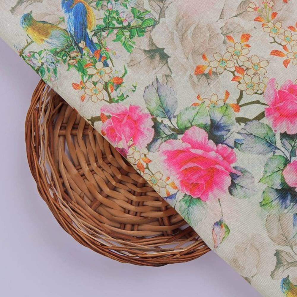 Vibrant Bird & Pink Rose Garden Tusser Silk Fabric - Image 3