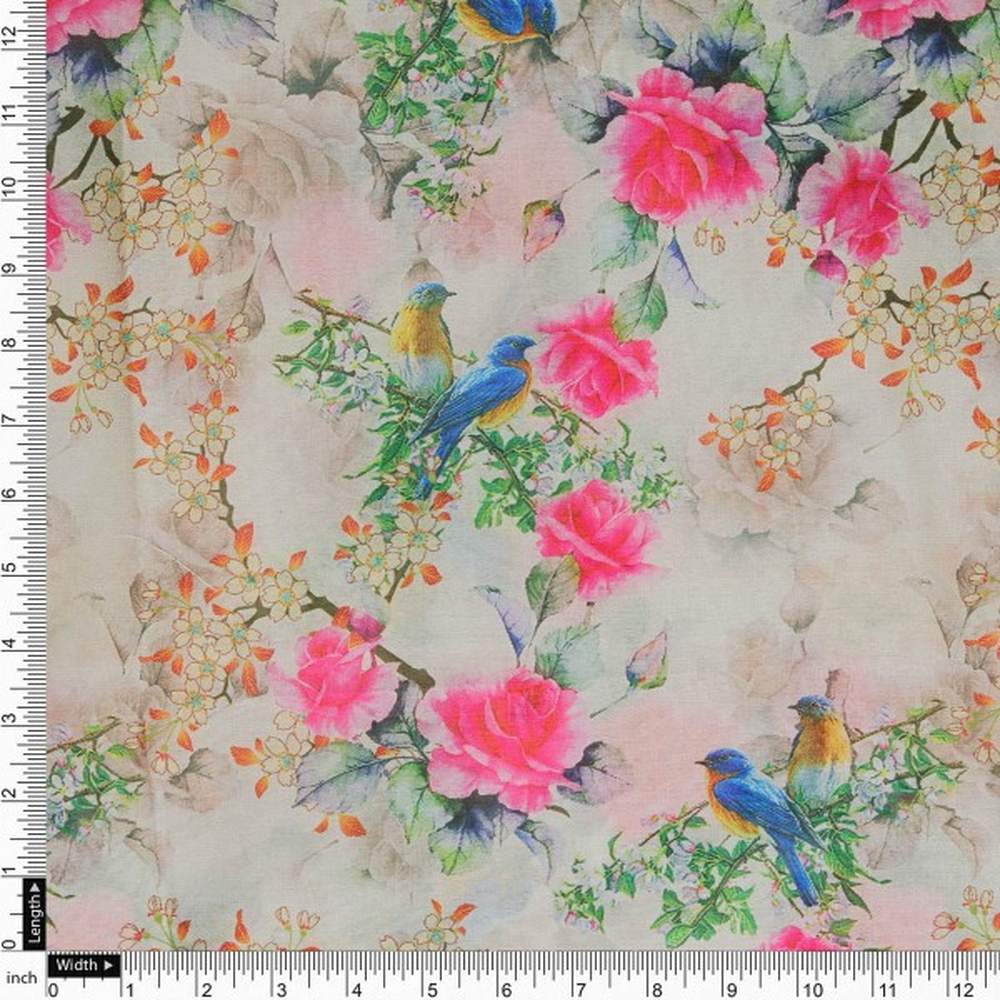 Vibrant Bird & Pink Rose Garden Tusser Silk Fabric - Image 4