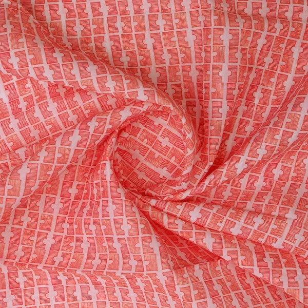 Vibrant Coral Geometric Sketch Print Chanderi Fabric - Image 3