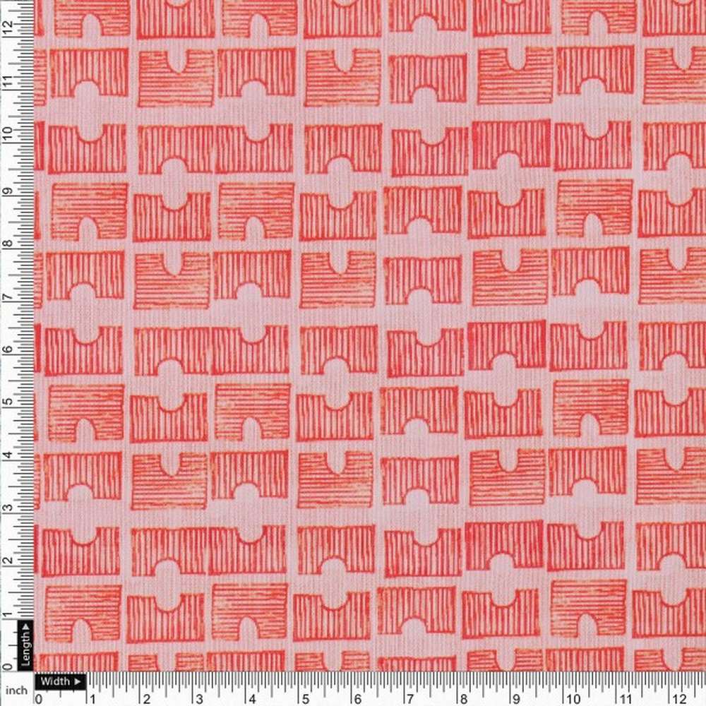Vibrant Coral Geometric Sketch Print Chanderi Fabric - Image 4