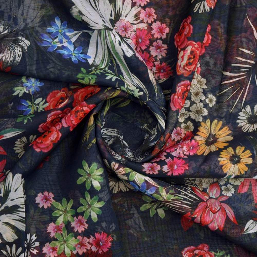 Vibrant Floral Garden on Navy Blue Sheer Organza Fabric - Image 2