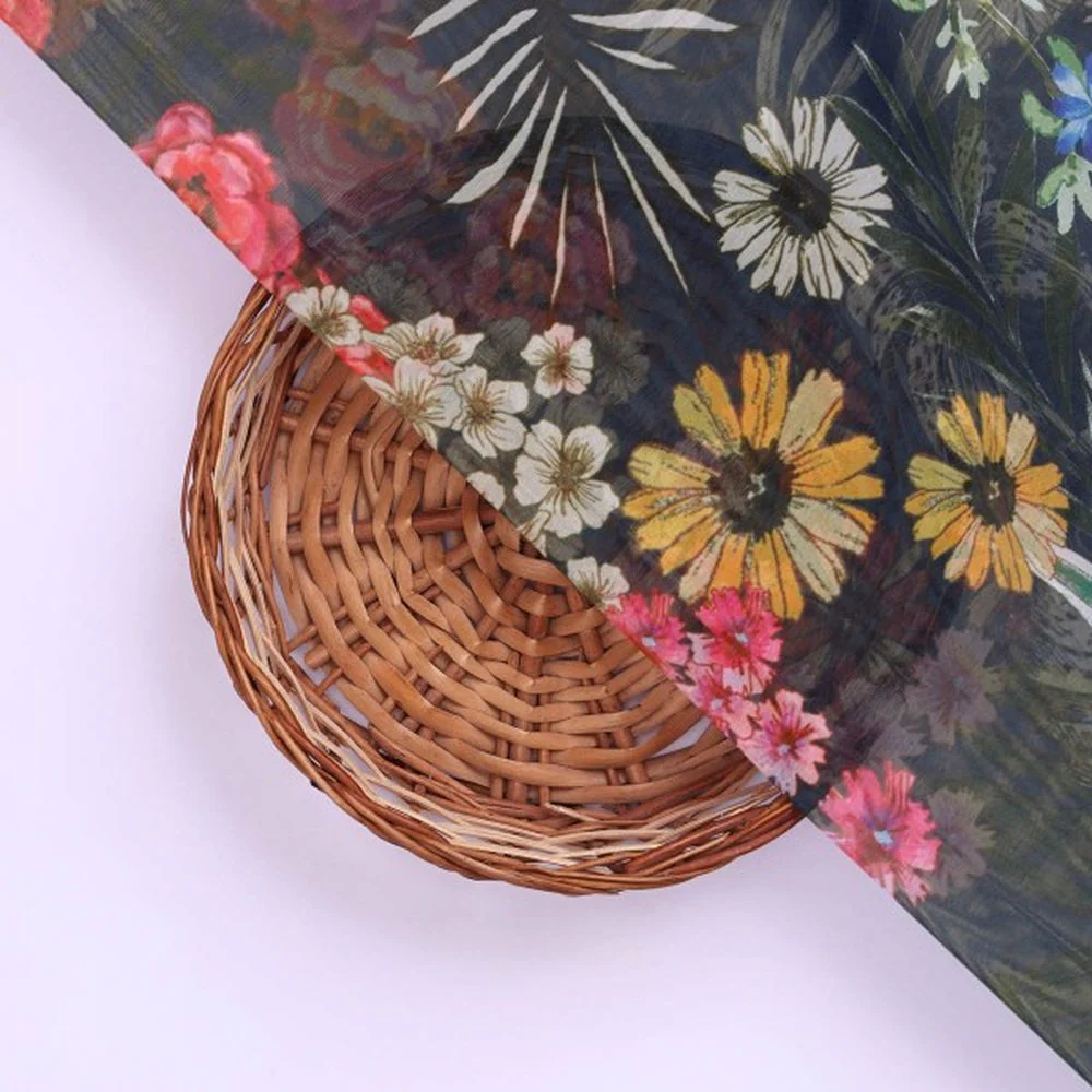 Vibrant Floral Garden on Navy Blue Sheer Organza Fabric - Image 3