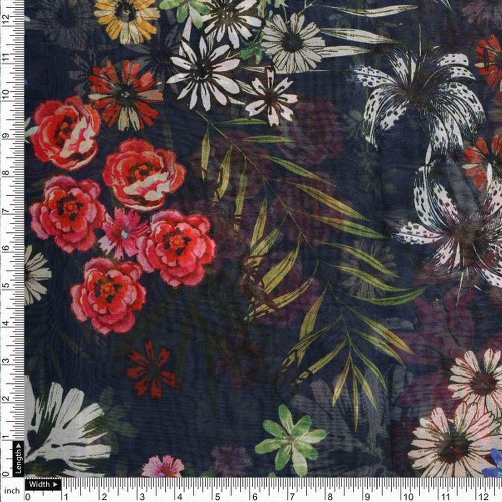 Vibrant Floral Garden on Navy Blue Sheer Organza Fabric - Image 4