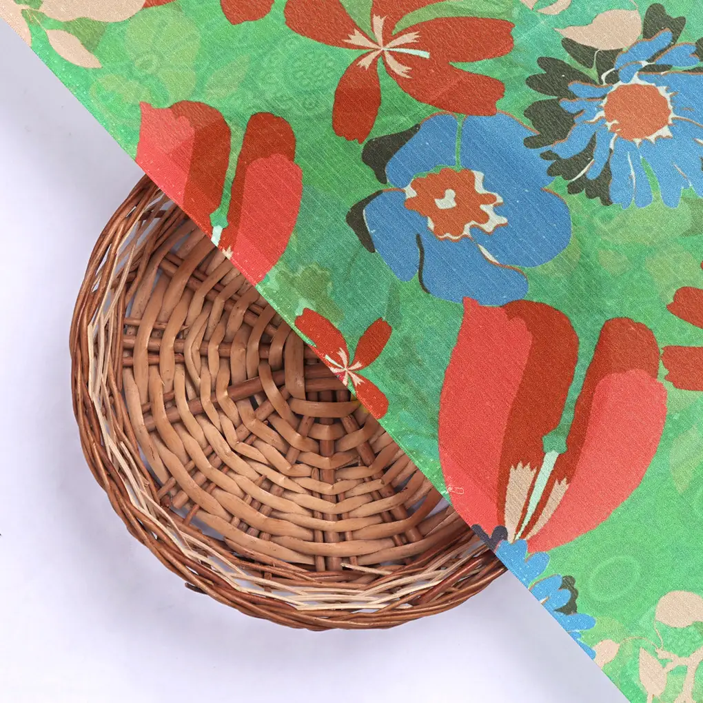 Vibrant Floral Garden Printed Green Chinon Fabric - Image 2
