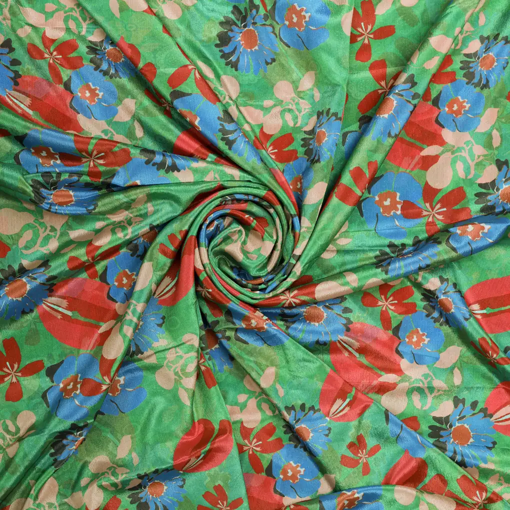 Vibrant Floral Garden Printed Green Chinon Fabric - Image 3