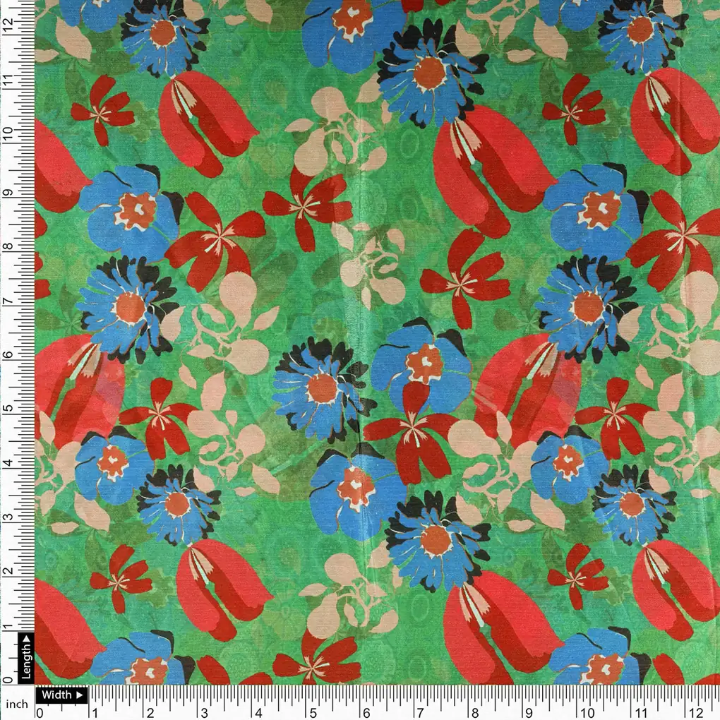 Vibrant Floral Garden Printed Green Chinon Fabric - Image 4