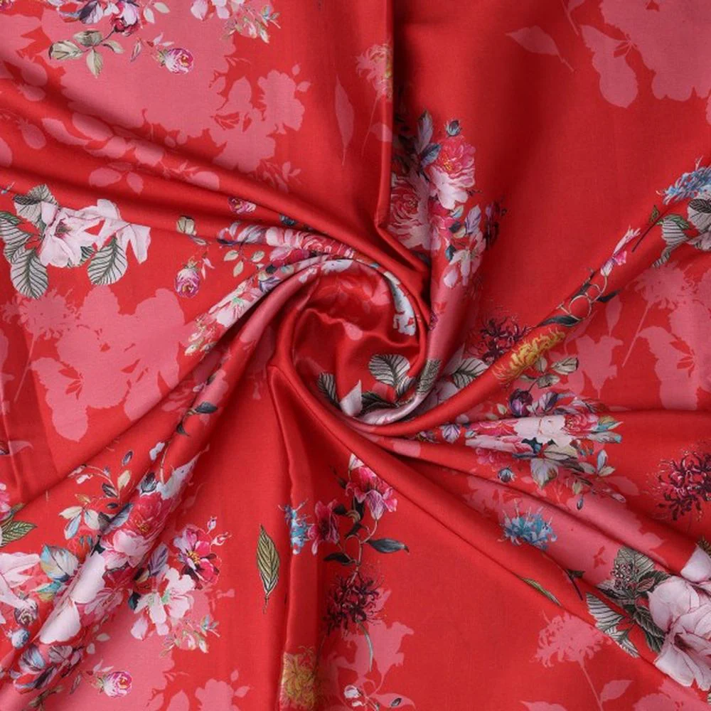 Vibrant Red & Pink Floral Printed Japan Satin Fabric - Image 2