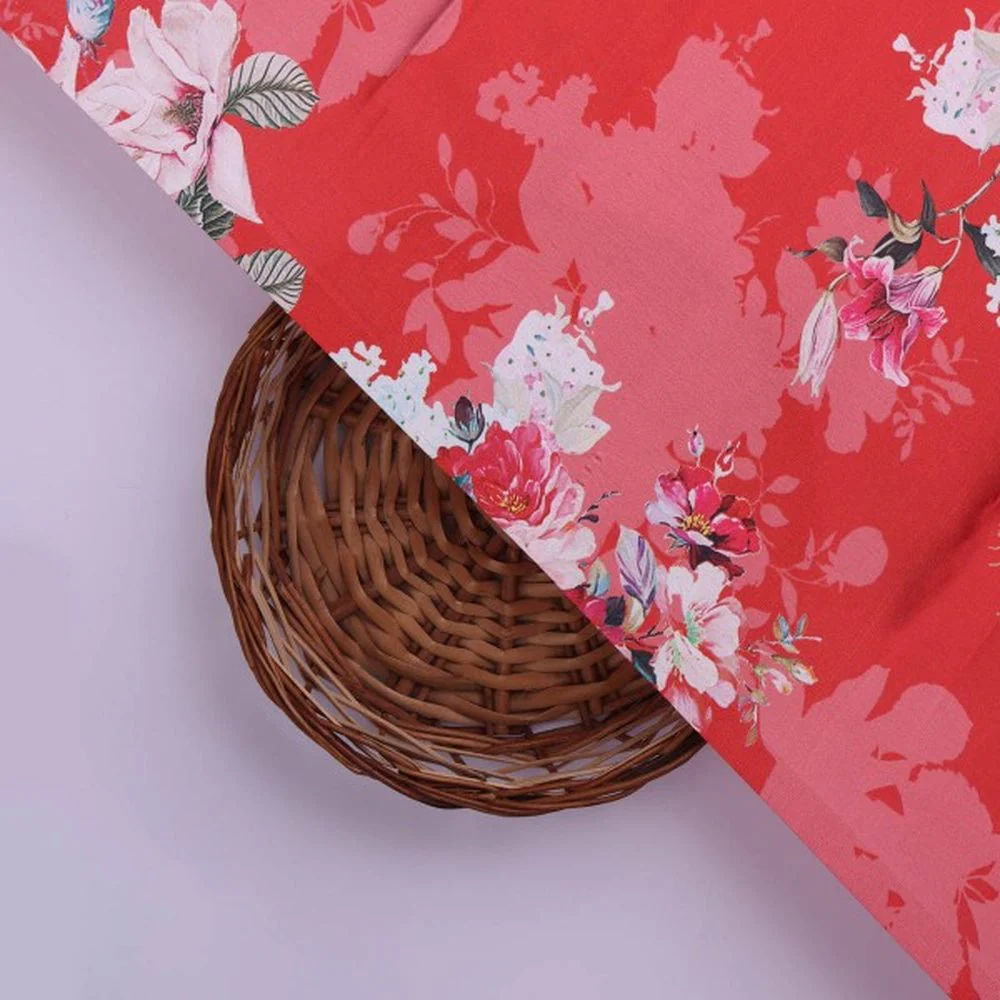 Vibrant Red & Pink Floral Printed Japan Satin Fabric - Image 3