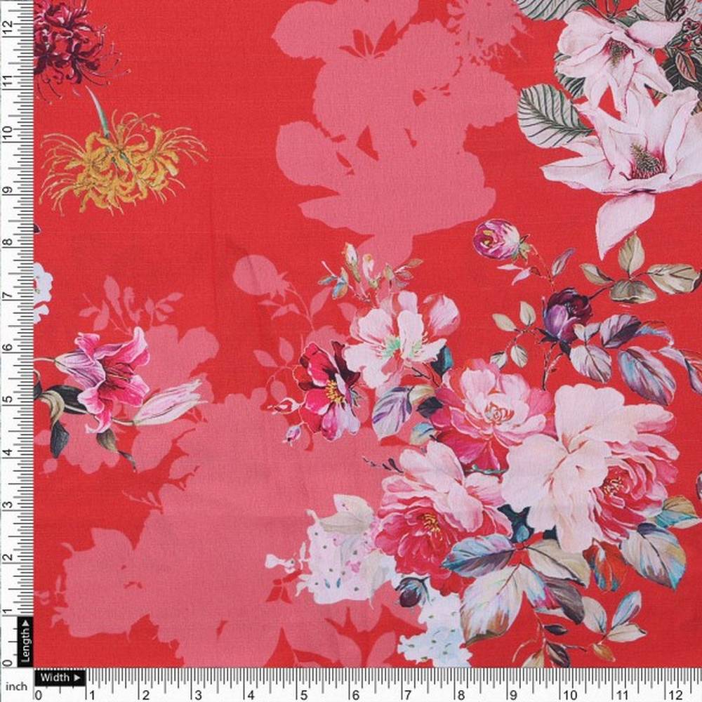 Vibrant Red & Pink Floral Printed Japan Satin Fabric - Image 4