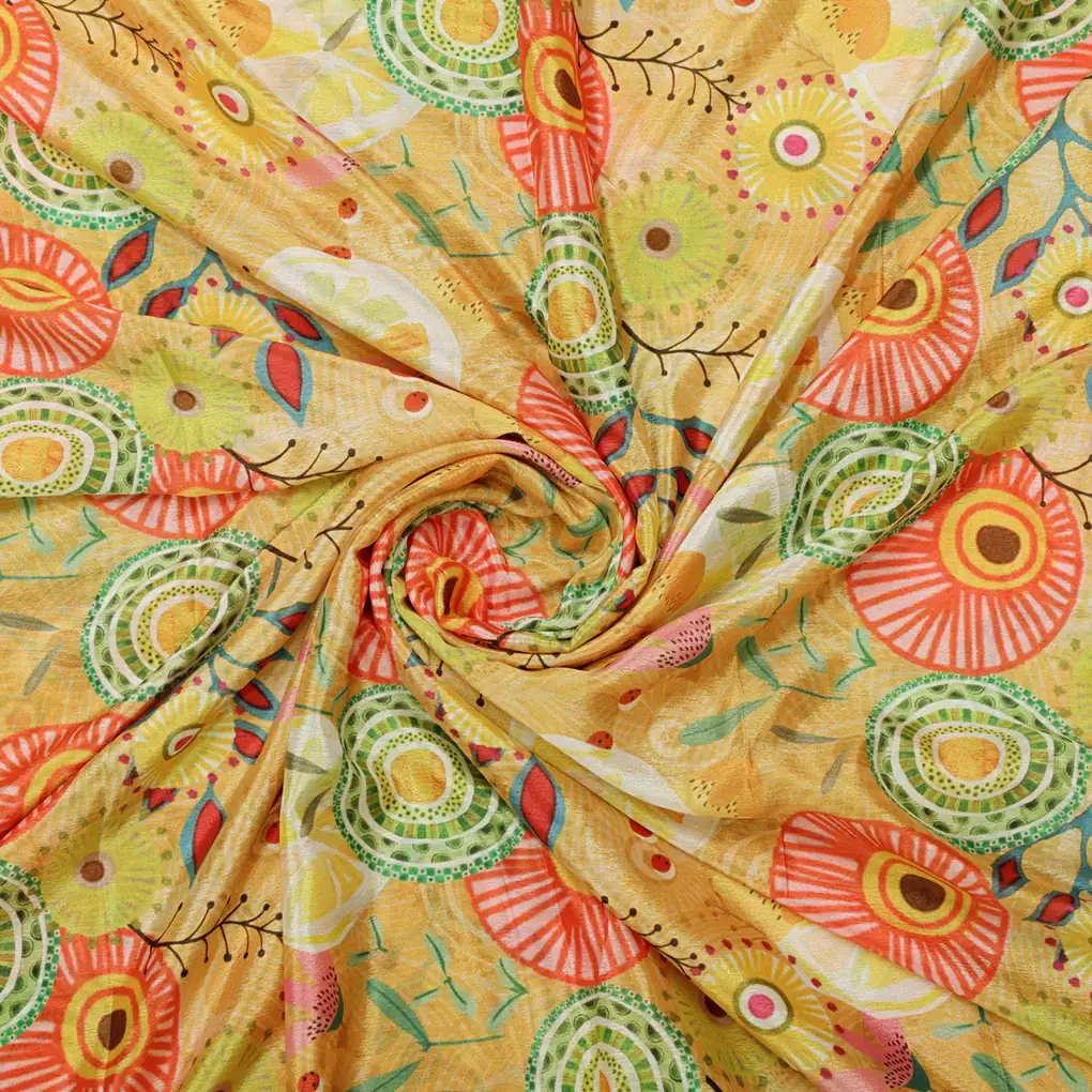 Vibrant Yellow Abstract Floral Design Premium Chinon Fabric - Image 3