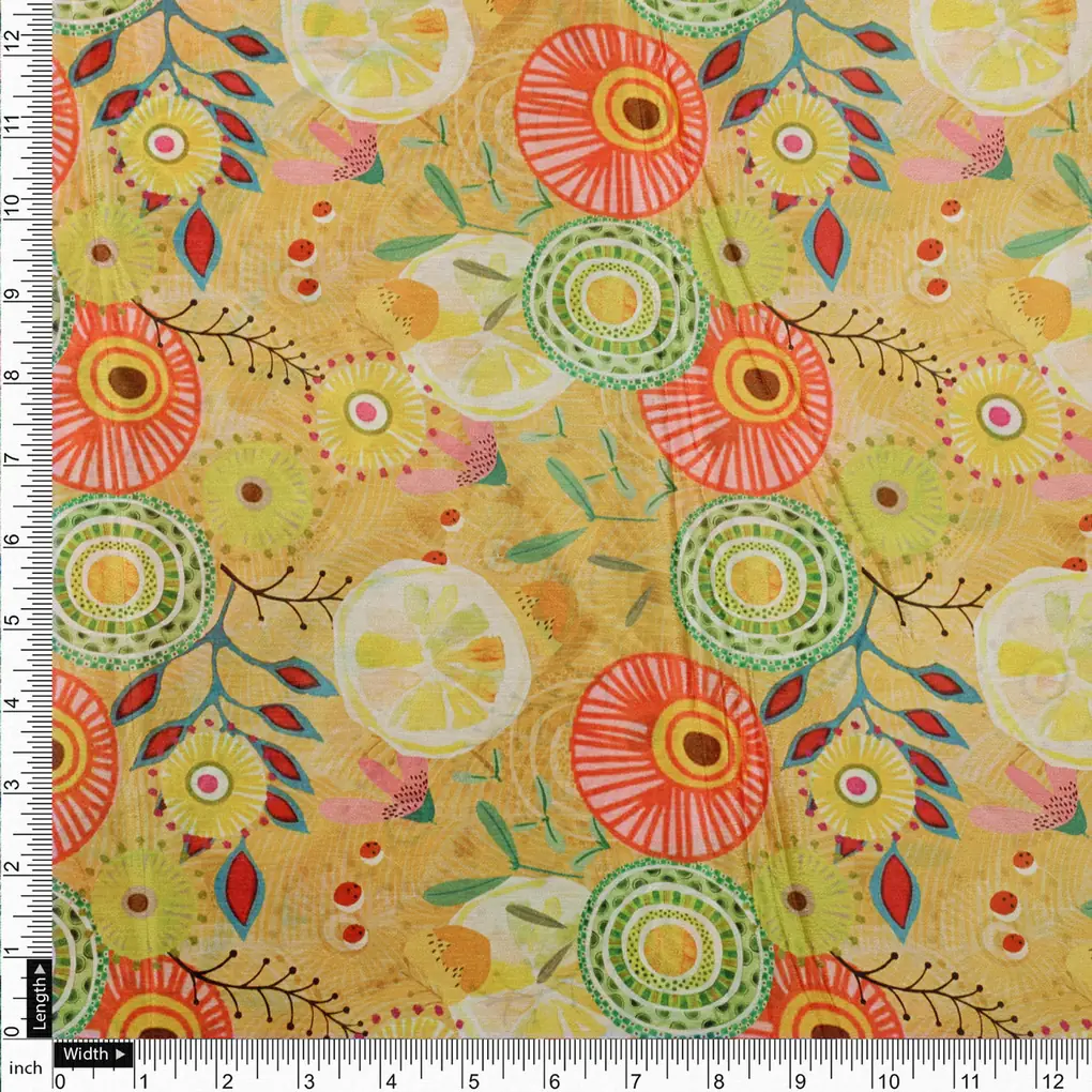 Vibrant Yellow Abstract Floral Design Premium Chinon Fabric - Image 4