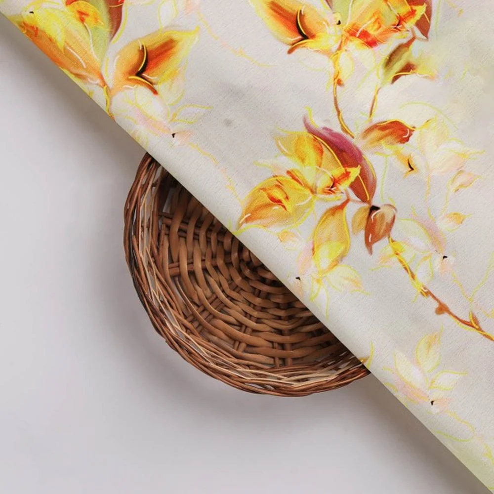 Vibrant Yellow Orange Floral Printed Polyester Fabric - Image 3