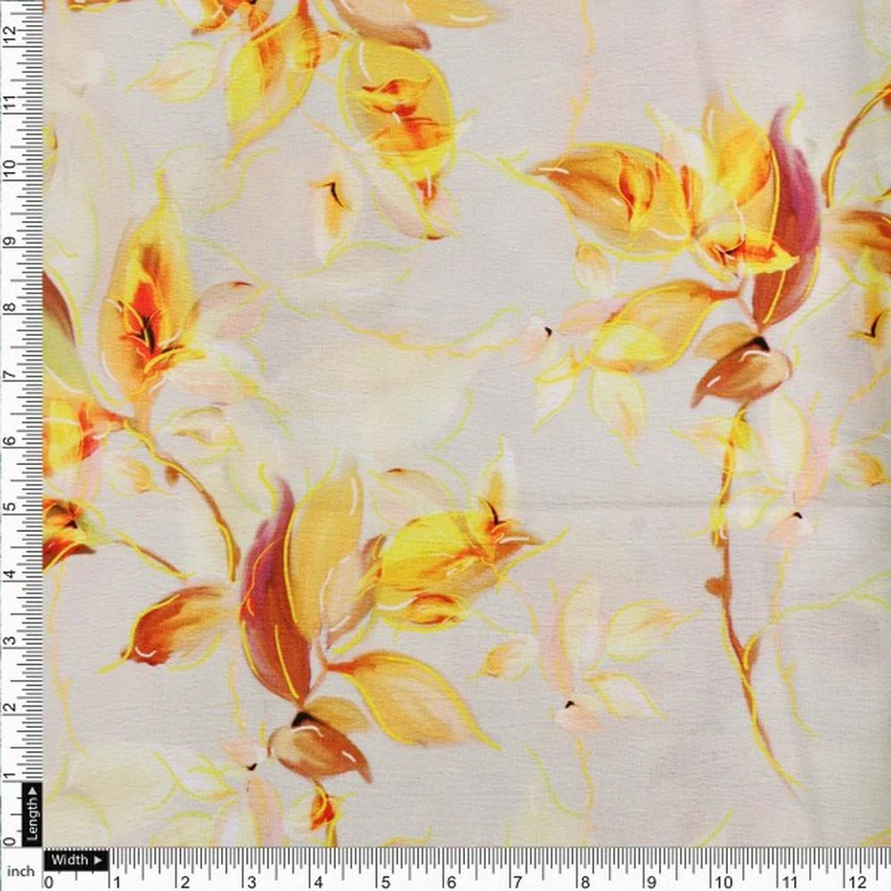 Vibrant Yellow Orange Floral Printed Polyester Fabric - Image 4