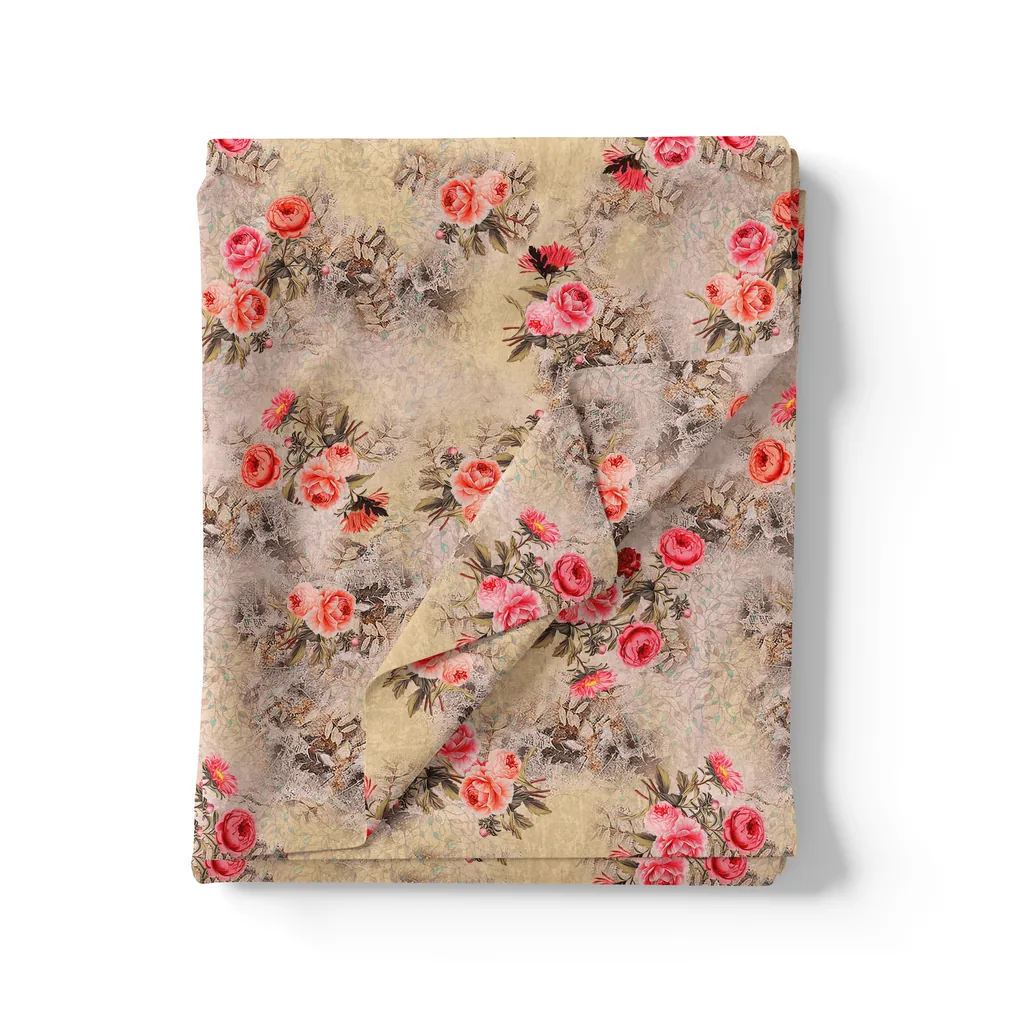 Vintage Art Of Roses With Leaves Digital Printed Fabric - Image 3