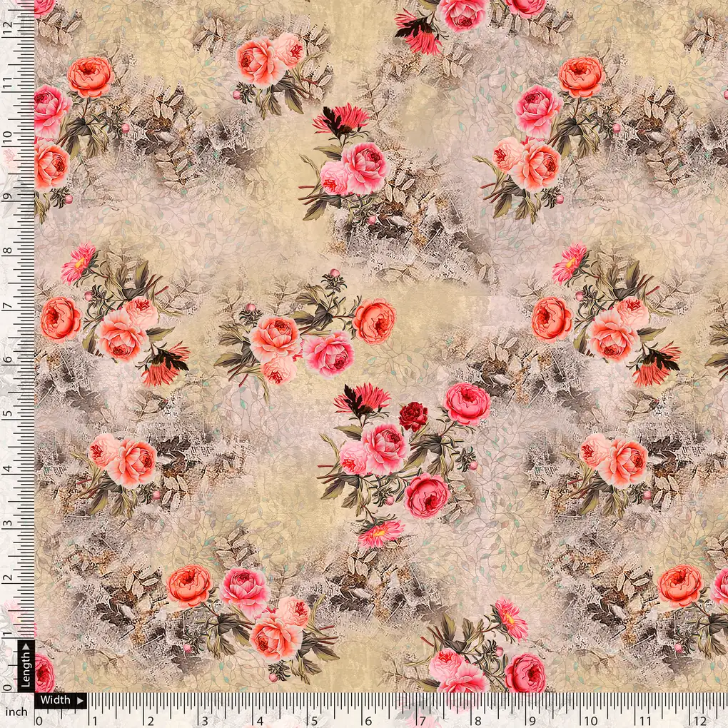 Vintage Art Of Roses With Leaves Digital Printed Fabric - Image 5