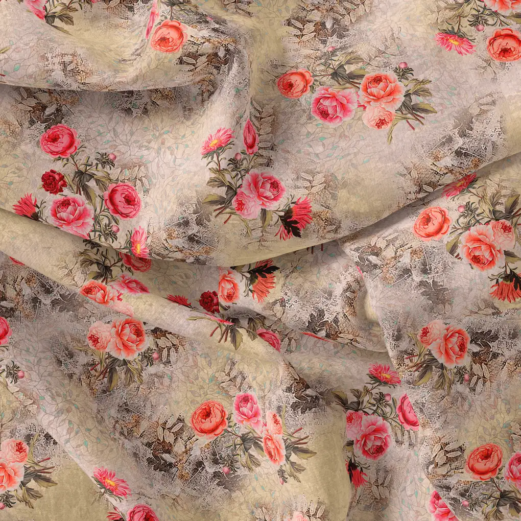 Vintage Art Of Roses With Leaves Digital Printed Fabric - Silk Crepe - Image 4