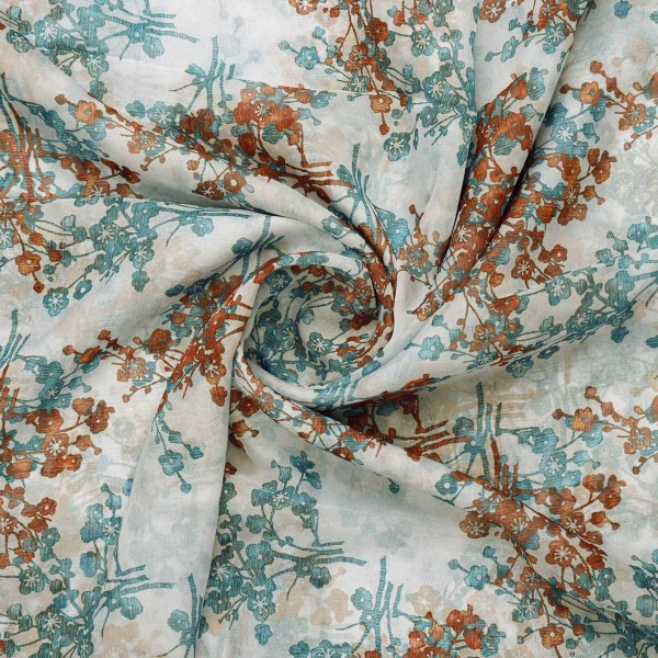 Vintage Blossom Teal & Rust Printed Organza Fabric - Image 2