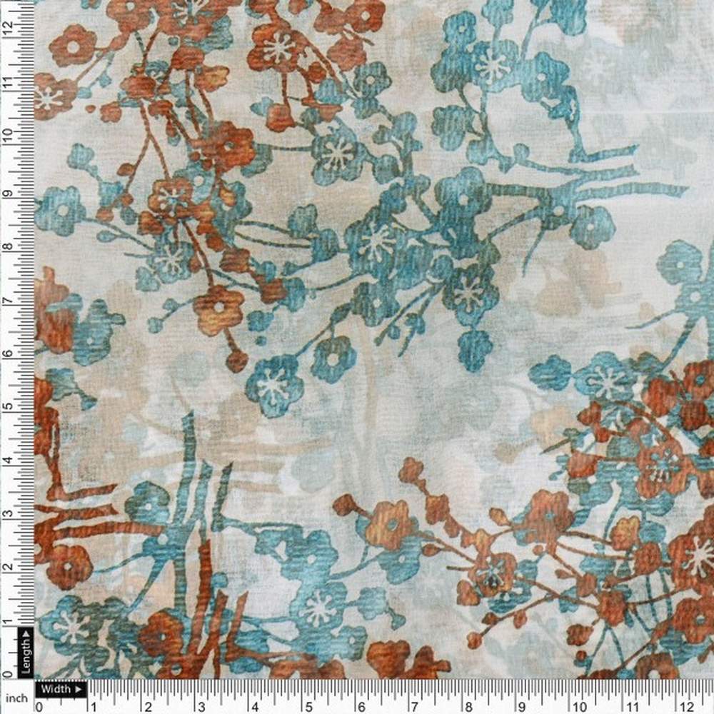 Vintage Blossom Teal & Rust Printed Organza Fabric - Image 4