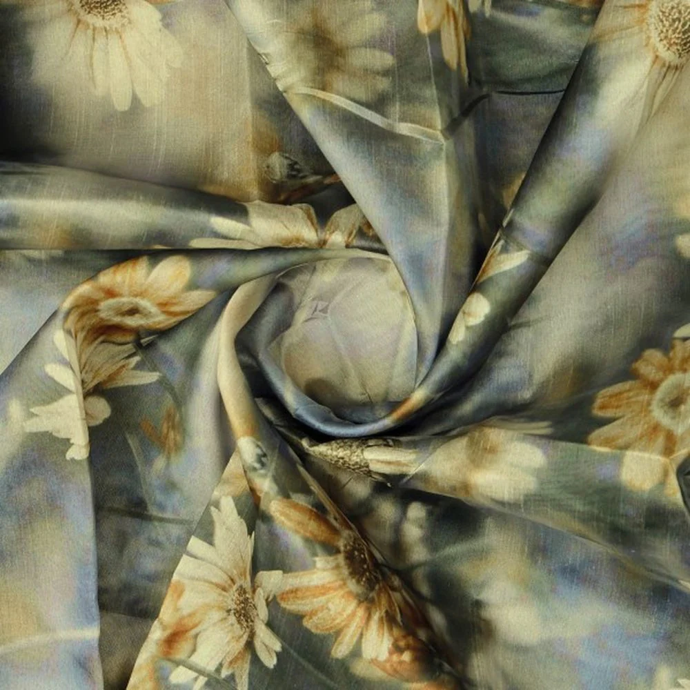 Vintage Daisy Floral Print Grey Tusser Silk Fabric - Image 2
