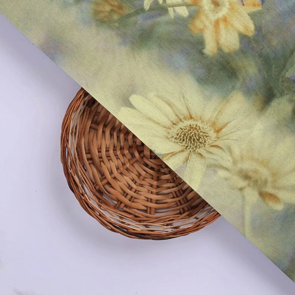 Vintage Daisy Floral Print Grey Tusser Silk Fabric - Image 3