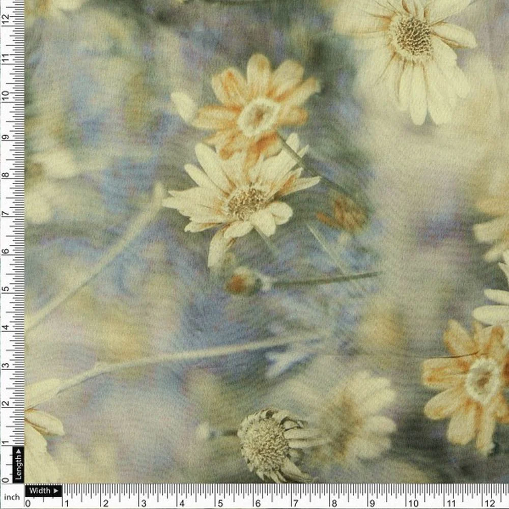 Vintage Daisy Floral Print Grey Tusser Silk Fabric - Image 4
