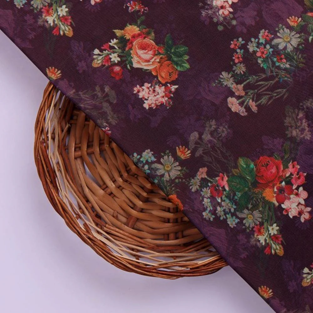 Vintage Floral Bouquet on Deep Purple Muslin Fabric - Image 3