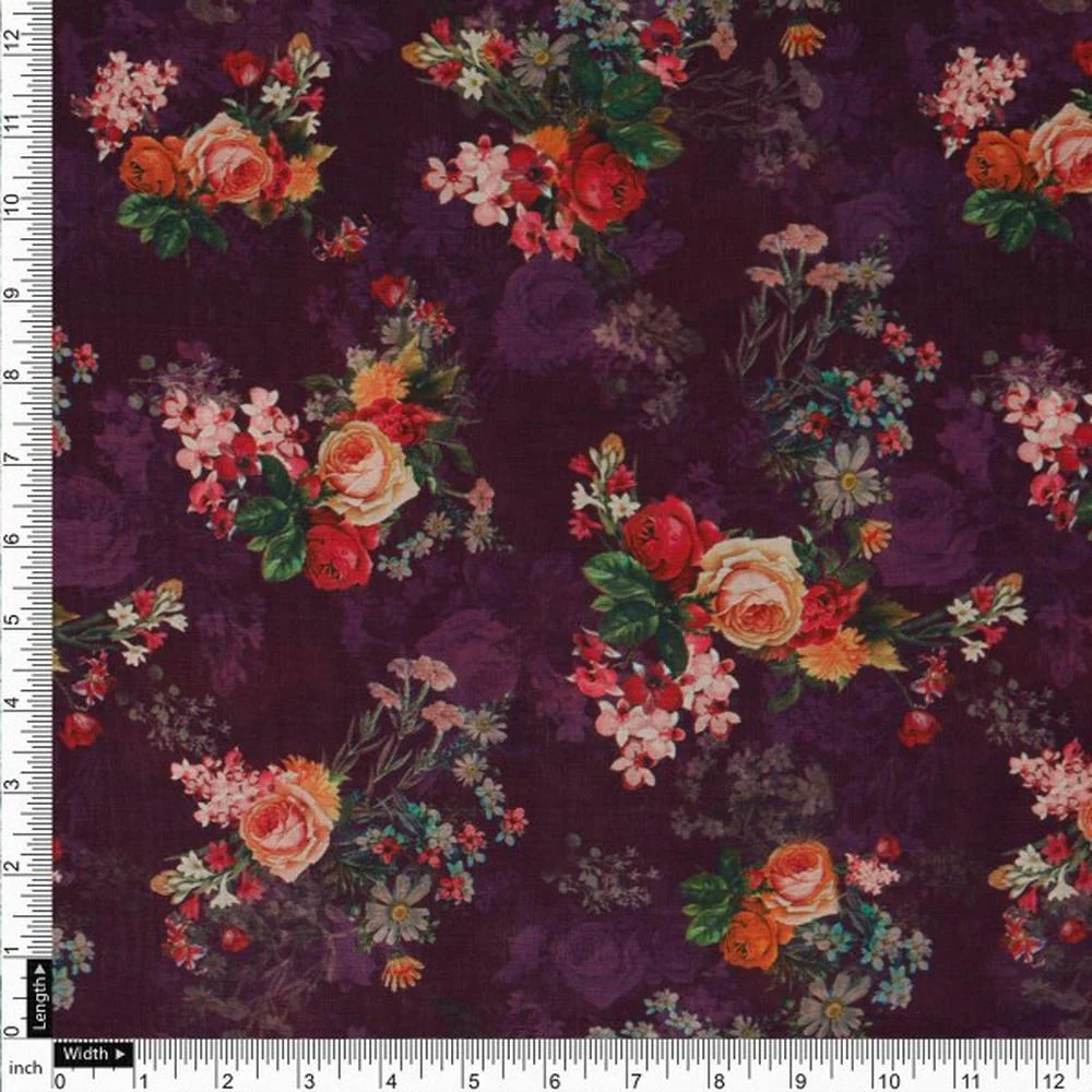 Vintage Floral Bouquet on Deep Purple Muslin Fabric - Image 4