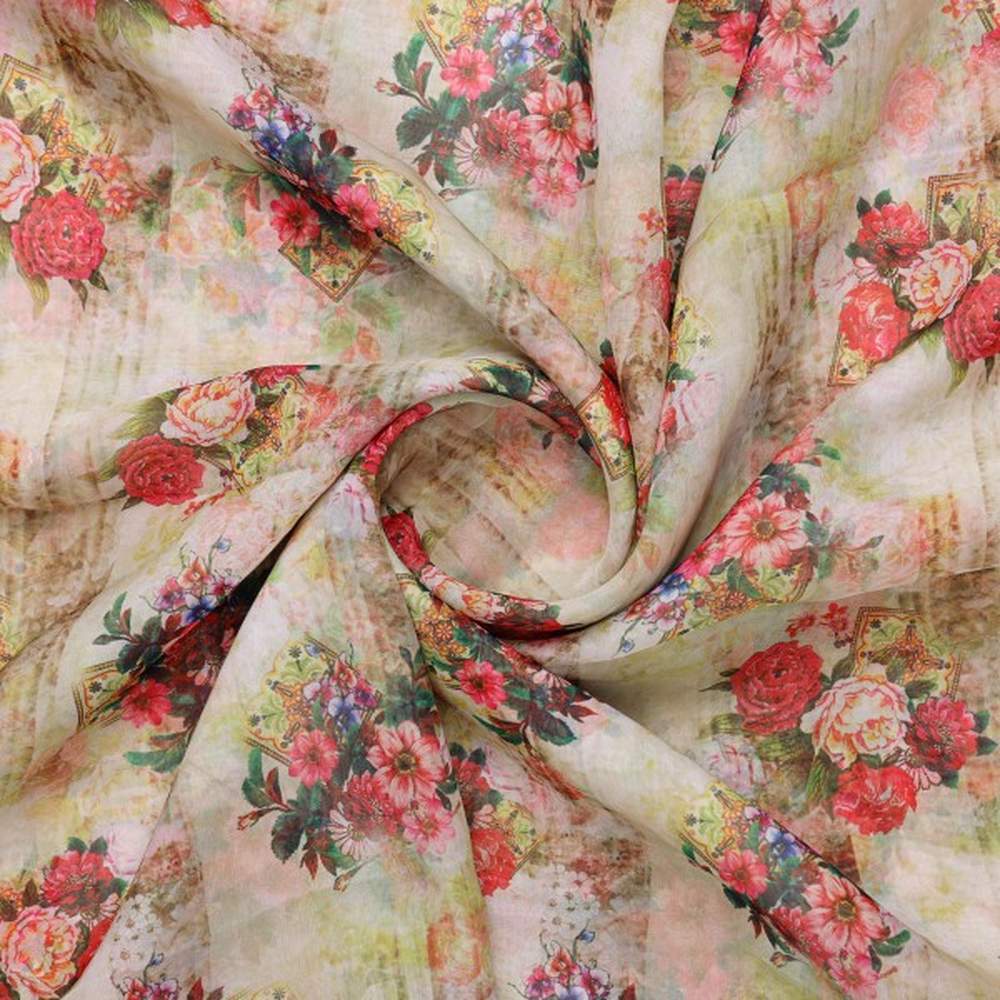 Vintage Floral Bouquet Print on Cream Organza Fabric - Image 2