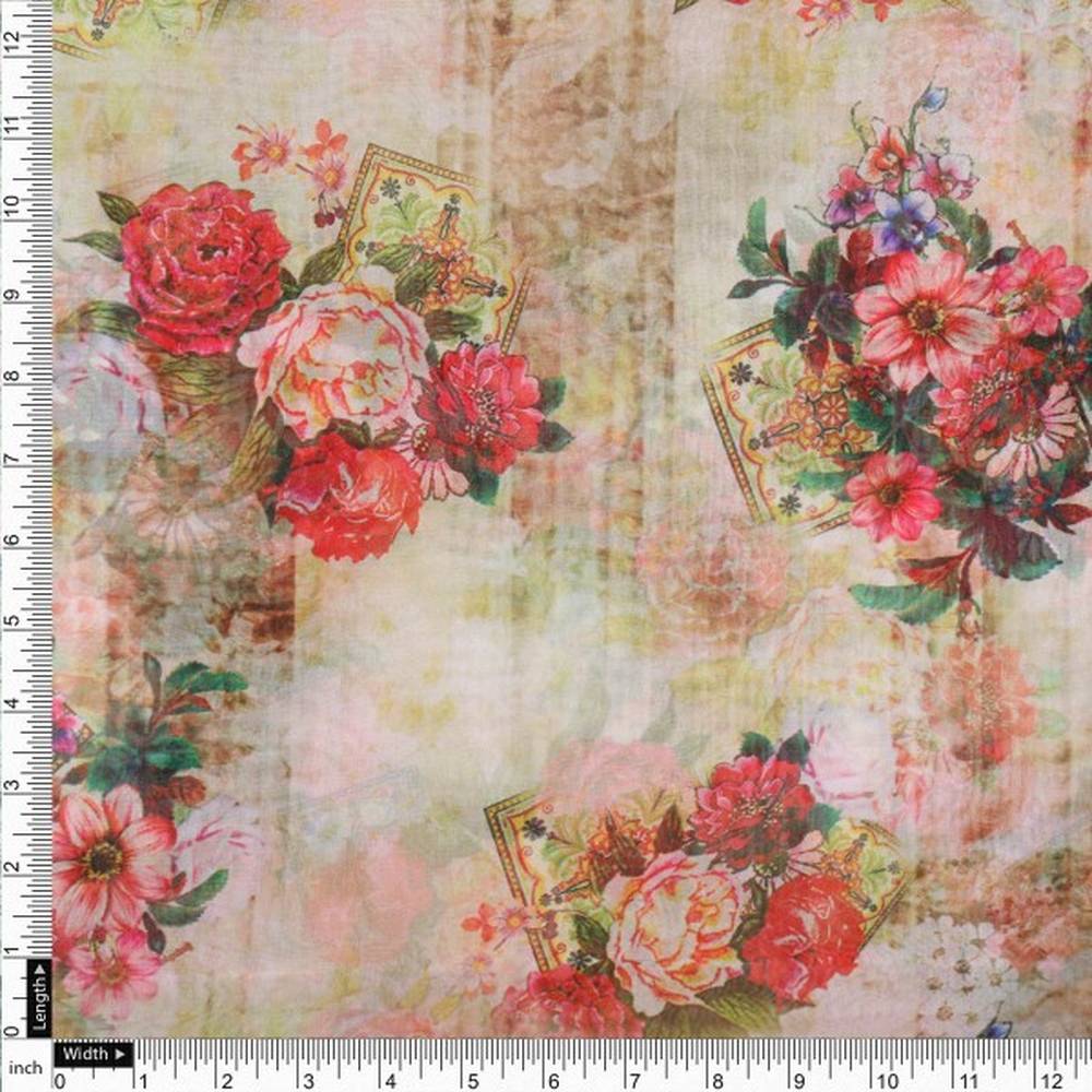 Vintage Floral Bouquet Print on Cream Organza Fabric - Image 4