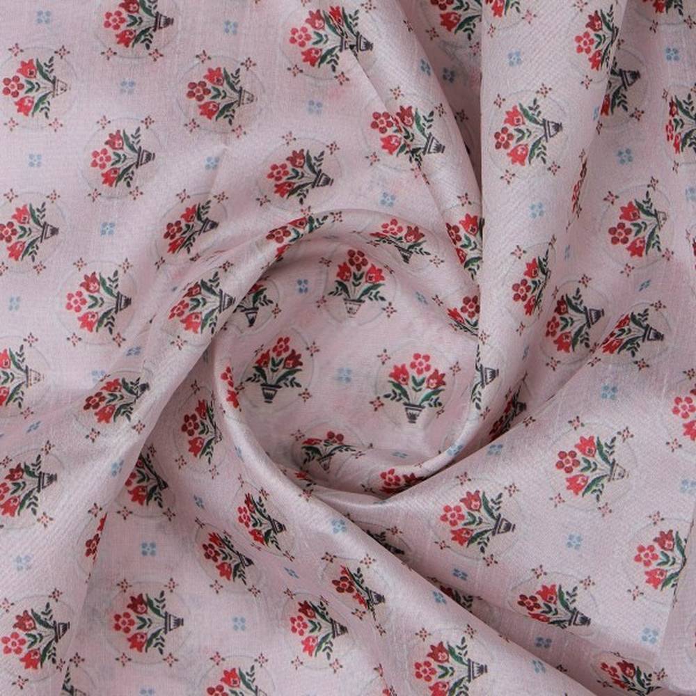Vintage Floral Bouquet Print on Pink Tusser Silk Fabric - Image 3