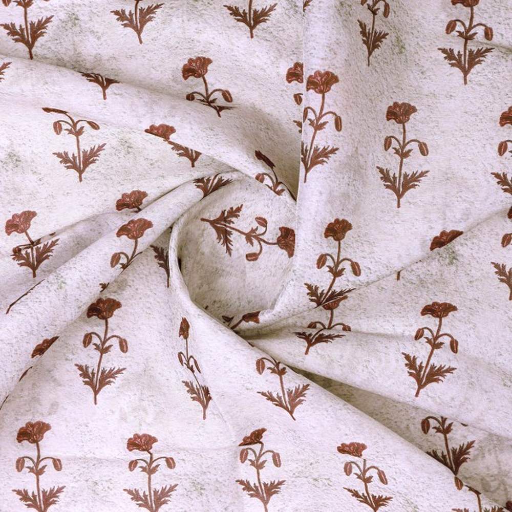 Vintage Floral Buti Chanderi Fabric in Off White & Brown - Image 3