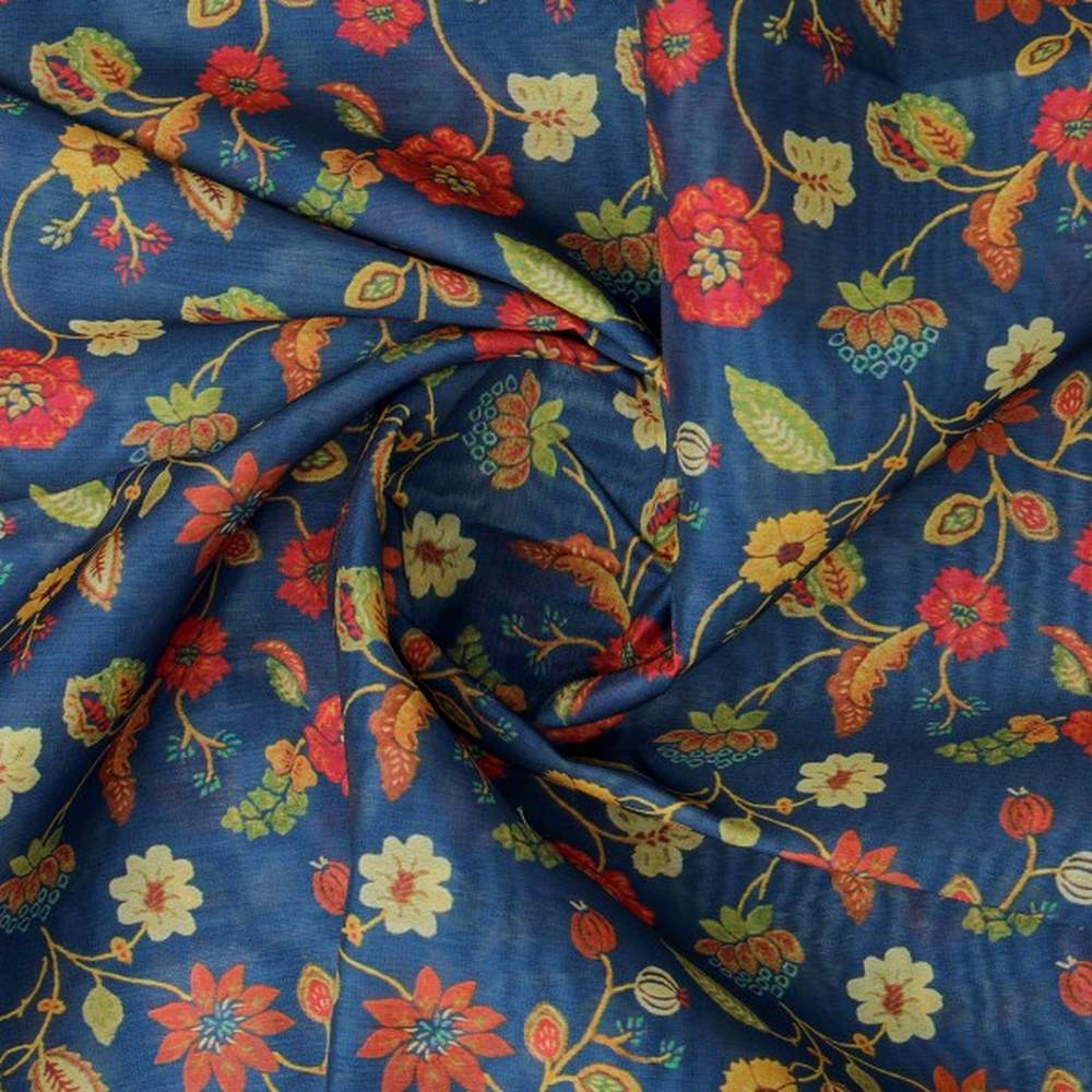 Vintage Floral Jaal Printed Chanderi Fabric in Navy - Image 3