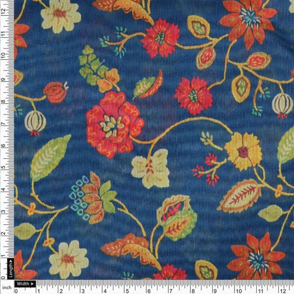 Vintage Floral Jaal Printed Chanderi Fabric in Navy - Image 4