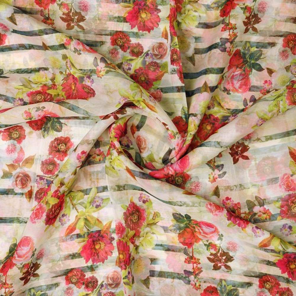 Vintage Floral & Stripe Printed Sheer Organza Fabric - Image 2