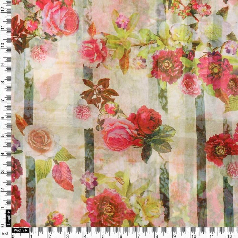 Vintage Floral & Stripe Printed Sheer Organza Fabric - Image 4