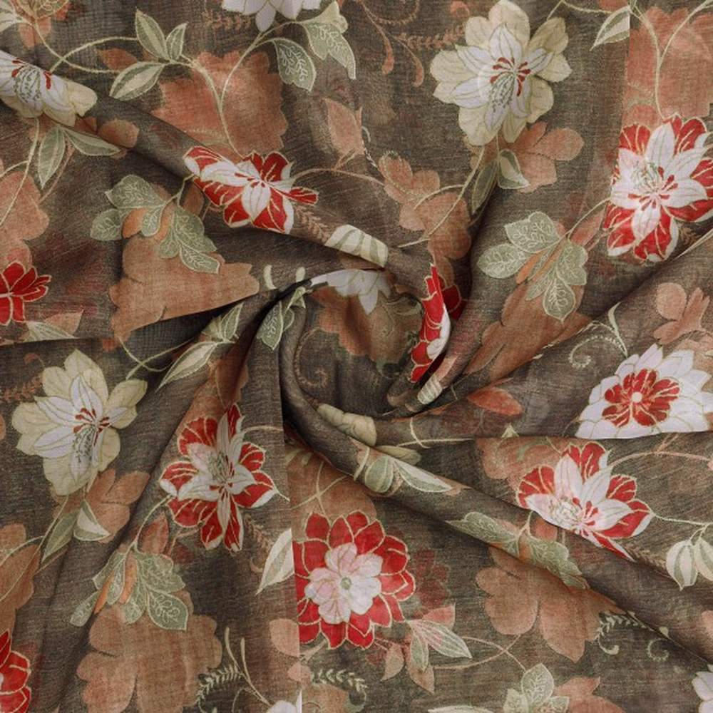 Vintage Japanese Floral Print Organza Fabric in Brown - Image 2
