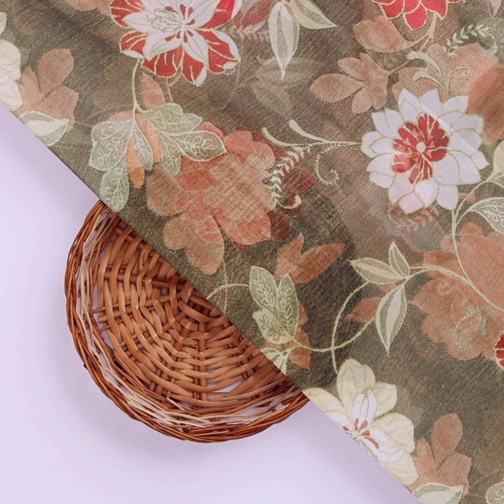 Vintage Japanese Floral Print Organza Fabric in Brown - Image 3