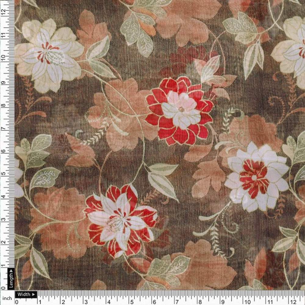Vintage Japanese Floral Print Organza Fabric in Brown - Image 4