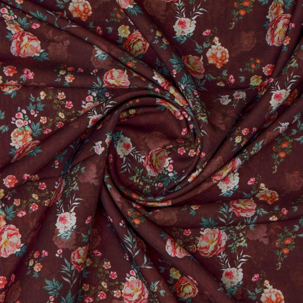Vintage Rose Floral Maroon Muslin Fabric for Dresses - Image 2