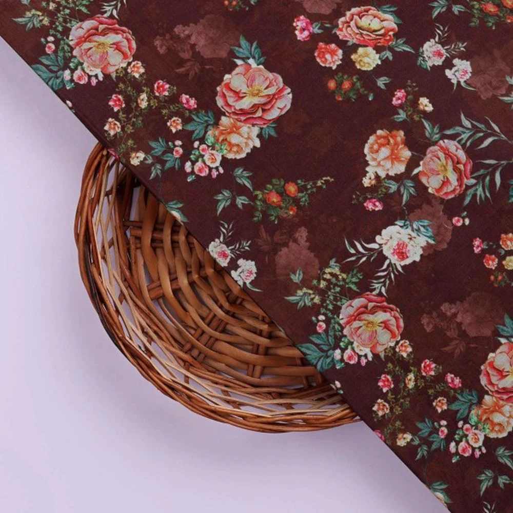 Vintage Rose Floral Maroon Muslin Fabric for Dresses - Image 3