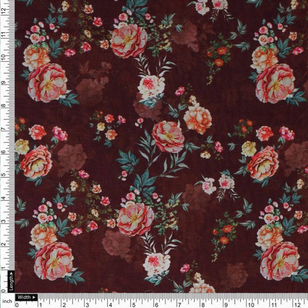 Vintage Rose Floral Maroon Muslin Fabric for Dresses - Image 4