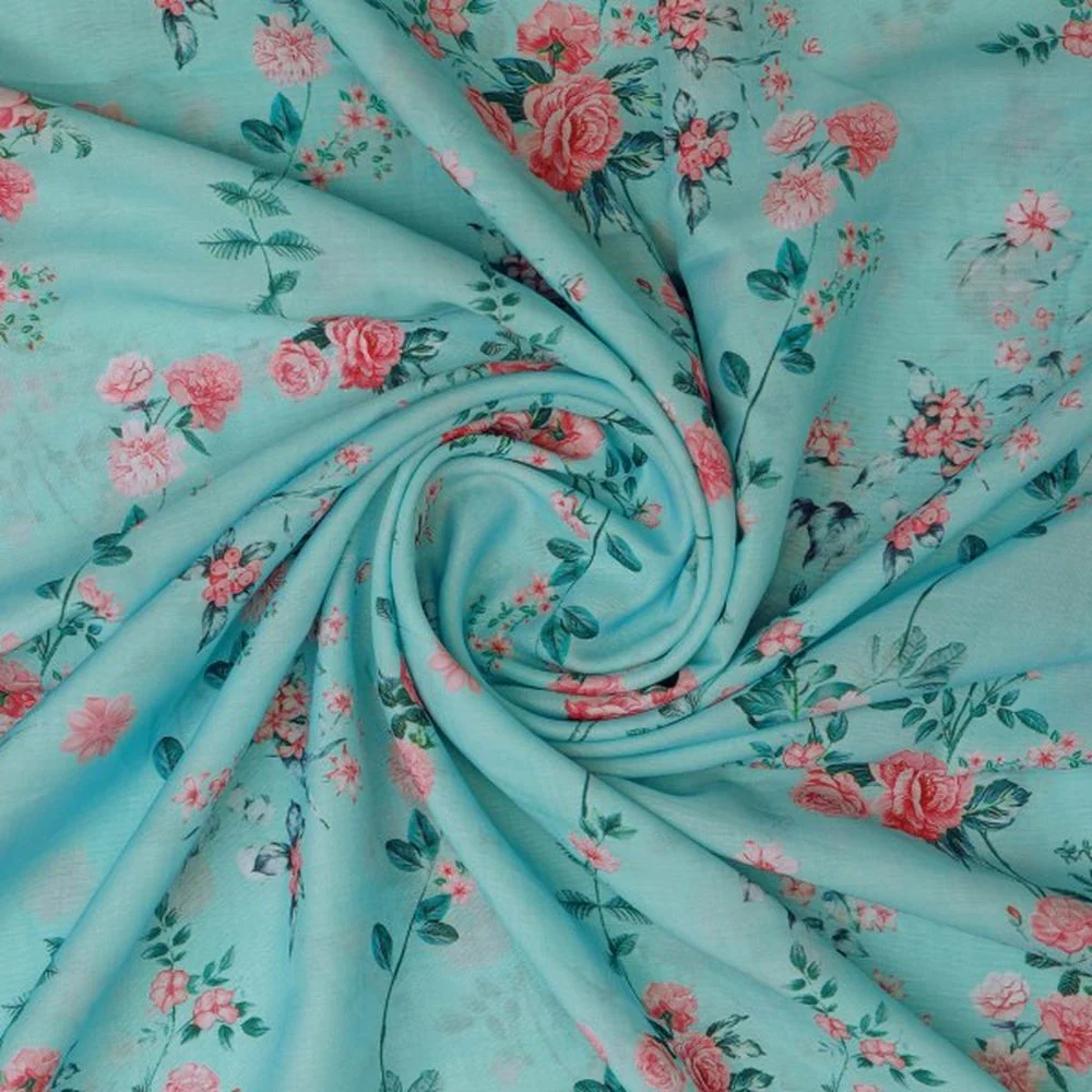 Vintage Rose Floral Print on Sea Green Muslin Fabric - Image 3