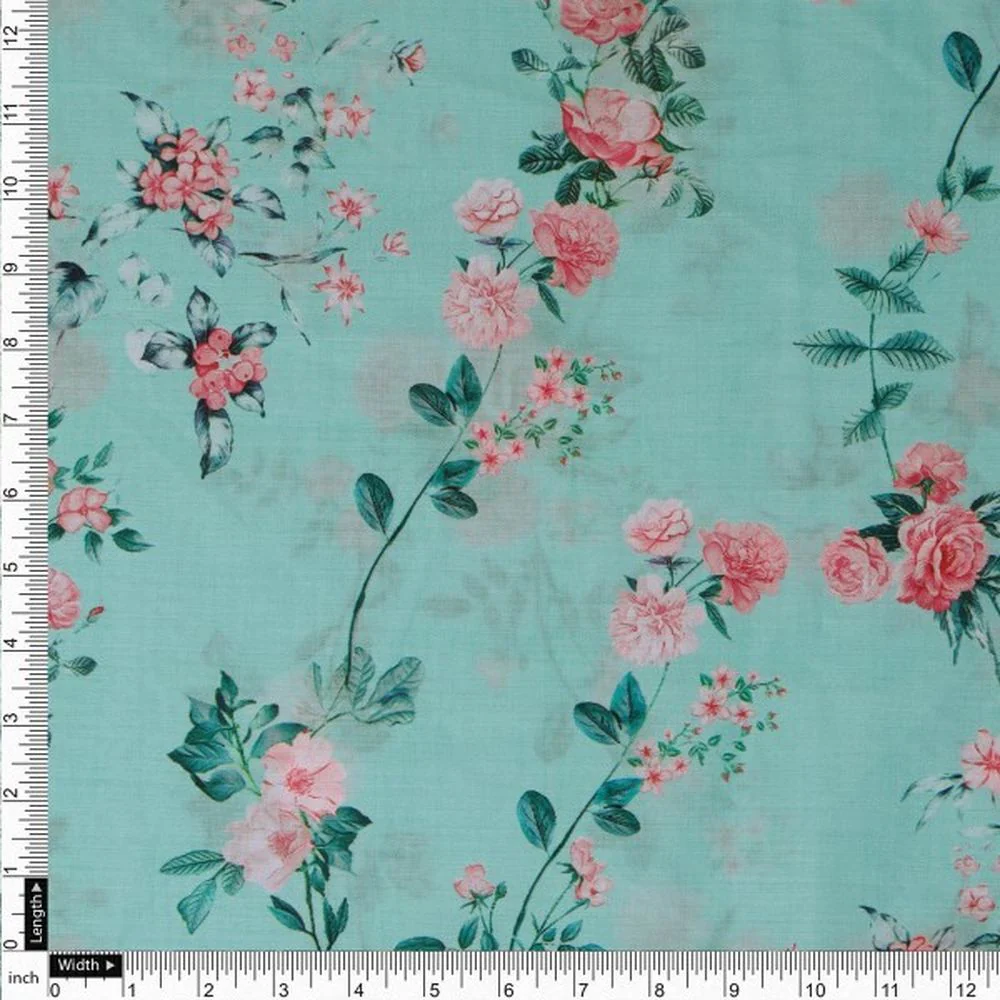 Vintage Rose Floral Print on Sea Green Muslin Fabric - Image 4