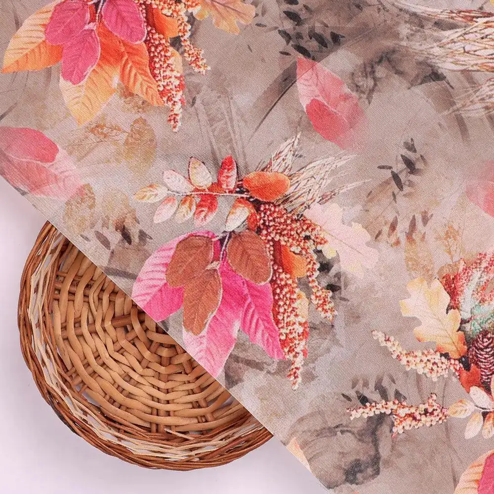 Violet Leaves Bunch Digital Printed Fabric  - Crepe - Image 2